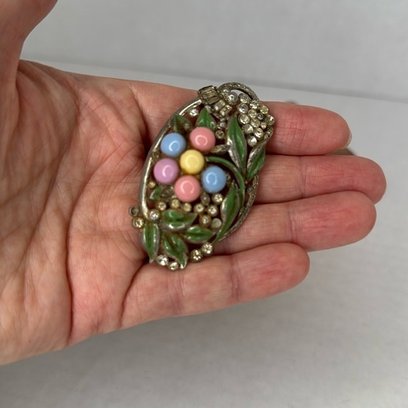 Antique 1920s Floral Enamel Brooch with Multicolor Accents lot B25 - Picture 4 of 7
